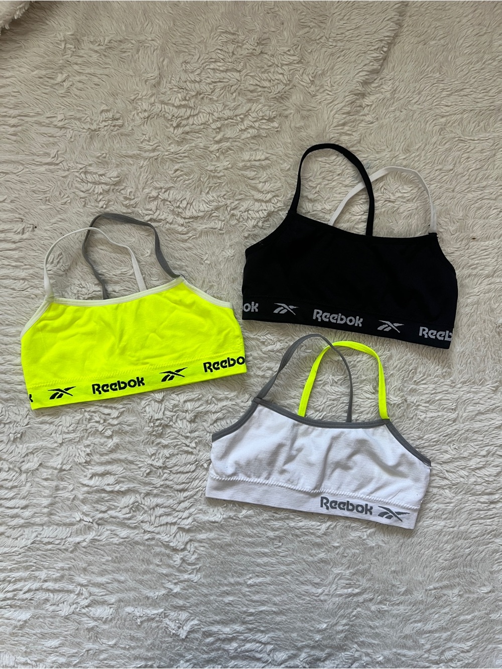 Reebok Girls Seamless Strappy Sports Bras 3-Pack Neon White Black - Size Small